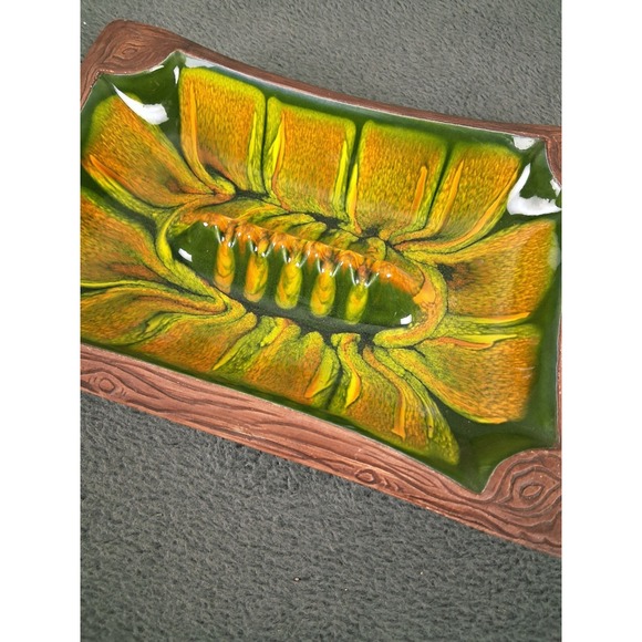 VINTAGE Mid-Century Ashtray Pottery Green Yellow Drip Glaze Centerpiece USA 101S - Picture 2 of 10